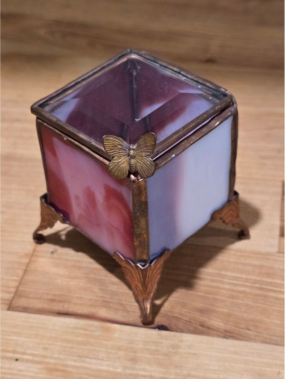 Antique Style Beveled Stained Glass w/ Copper Jewelry Box Pastel Keepsake Box